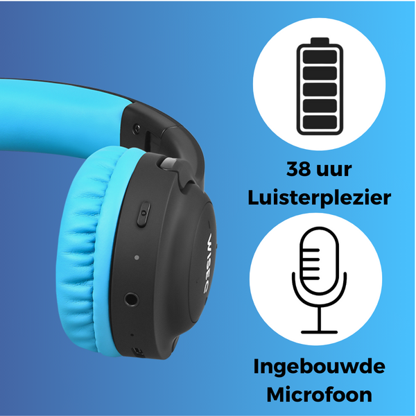 Zwart blauwe draadloze kinder koptelefoon van WiseQ met 38 uur batterij en ingebouwde microfoon