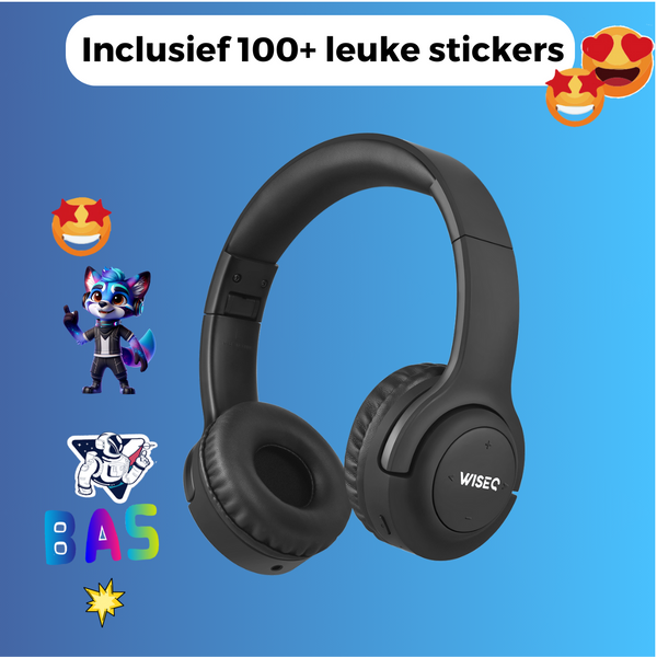 WiseQ draadloze kinder koptelefoon zwart met 100 plus stickers personaliseerbaar voor kinderen