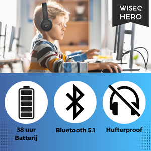 Zwarte draadloze kinder koptelefoon van WiseQ gedragen door kind met 38 uur batterij Bluetooth 5.1 en hufterproof design