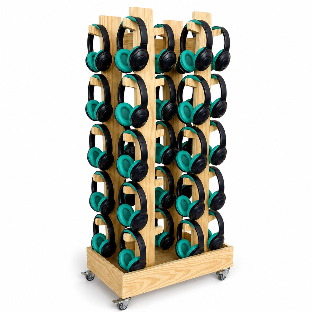 Houten opbergkar voor koptelefoons – verrijdbaar met 40 ophangpunten