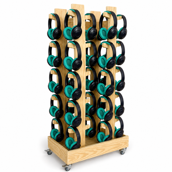 Houten opbergkar voor koptelefoons – verrijdbaar met 40 ophangpunten