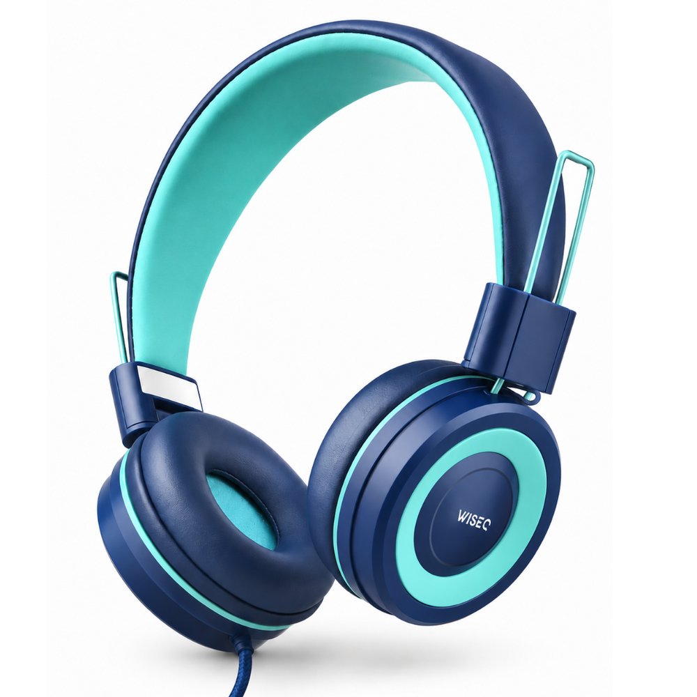 WiseQ One bedrade kinderkoptelefoon in blauw, zeer flexibel en geluidsdempend met microfoon en 85 dB volumebegrenzing