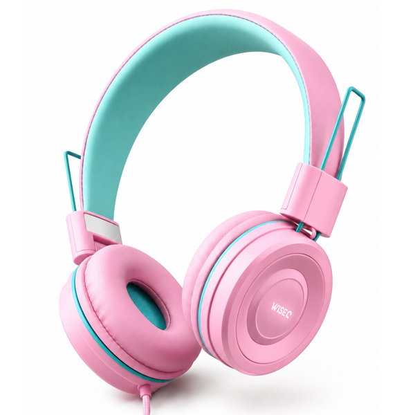 WiseQ One bedrade kinderkoptelefoon in mintgroen met roze (Unicorn-Bubblegum), zeer flexibel en geluidsdempend met microfoon en 85 dB volumebegrenzing