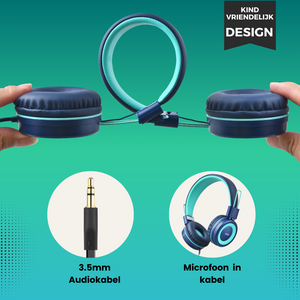 Blauwe WiseQ kinder koptelefoon met volumebegrenzing inclusief 3.5mm audiokabel en microfoon in kabel