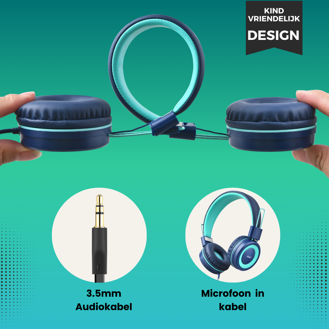 Blauwe WiseQ kinder koptelefoon met volumebegrenzing inclusief 3.5mm audiokabel en microfoon in kabel