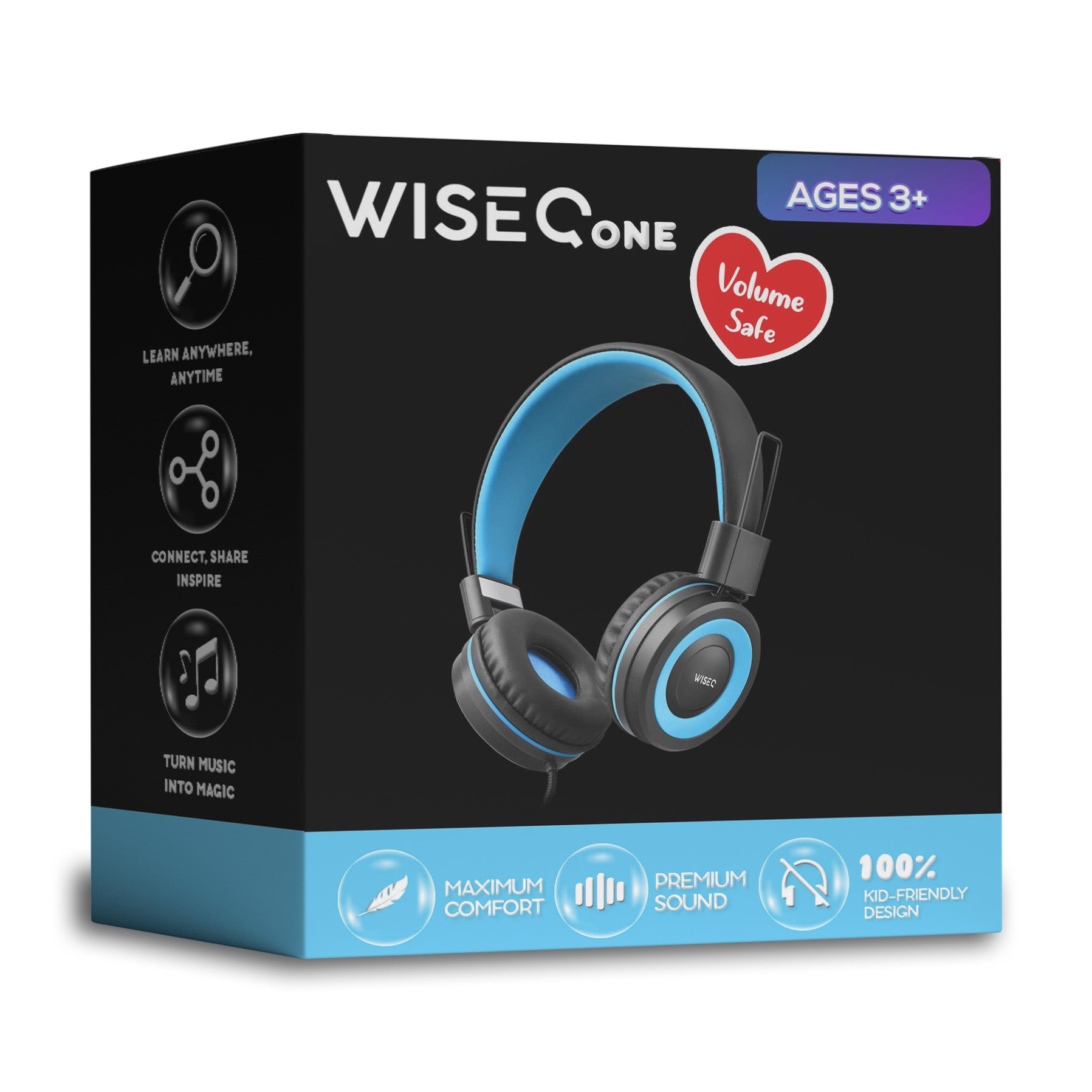 Verpakking van blauwe WiseQ kinder koptelefoon met volumebegrenzing en microfoon geschikt voor kinderen vanaf 3 jaar