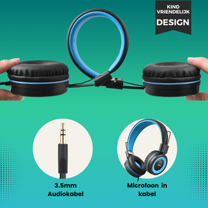 Zwart blauwe kinder koptelefoon met volumebegrenzer 3.5mm kabel en ingebouwde microfoon van WiseQ
