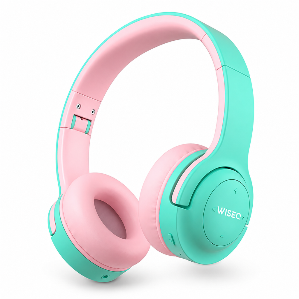 WiseQ Hero draadloze kinderkoptelefoon in mintgroen met roze (Unicorn-Bubblegum), over-ear met bluetooth, 38 uur batterij en 85 dB volumebegrenzing