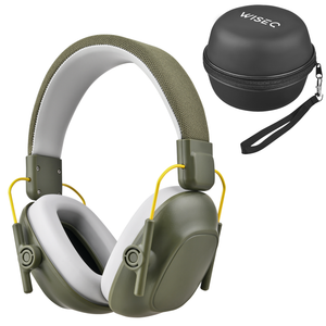 Legergroene WiseQ gehoorbescherming voor kinderen 28dB met verstelbare hoofdband en zwarte beschermhoes