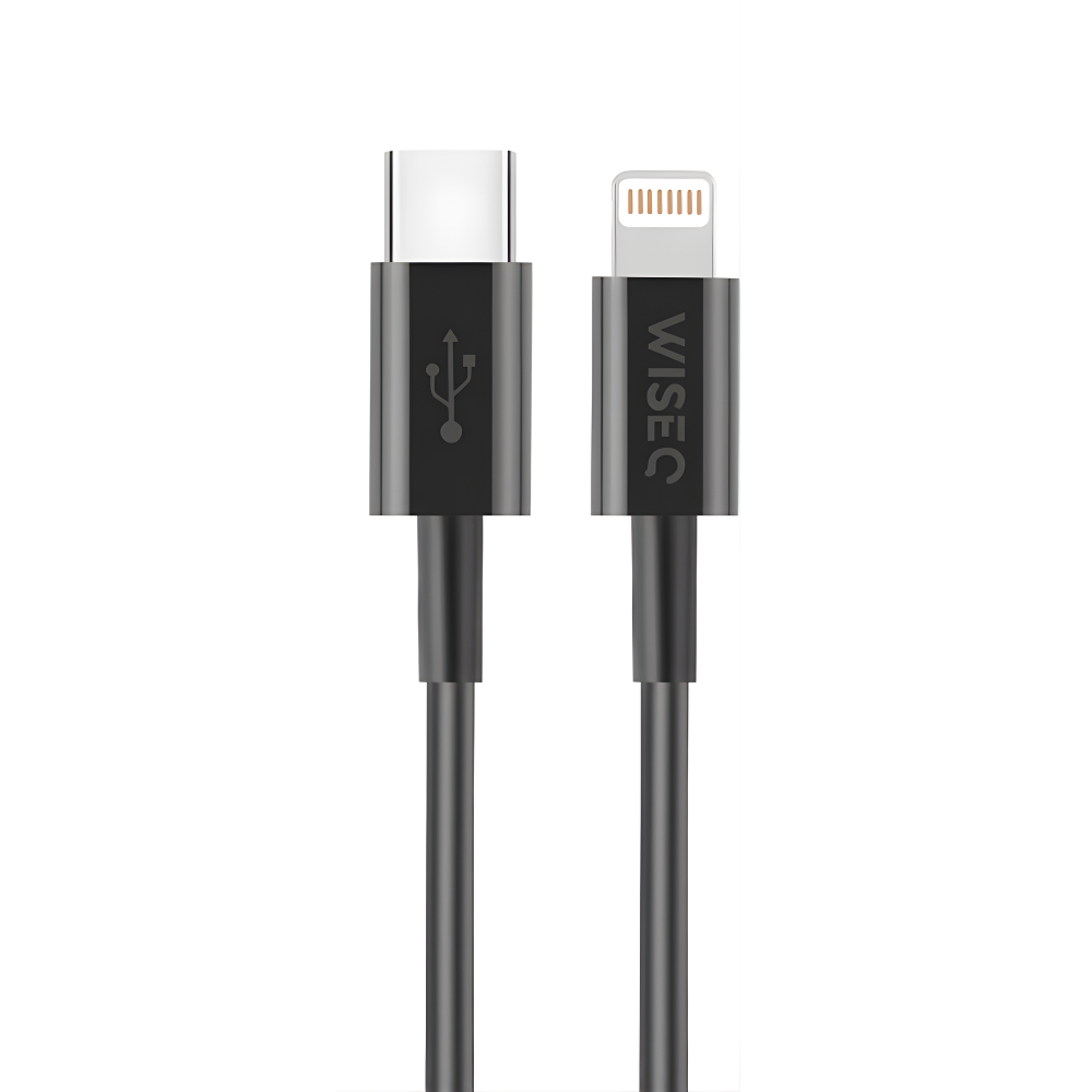 Zwarte USB C naar Lightning oplaadkabel geschikt voor iPhone met WiseQ logo close up