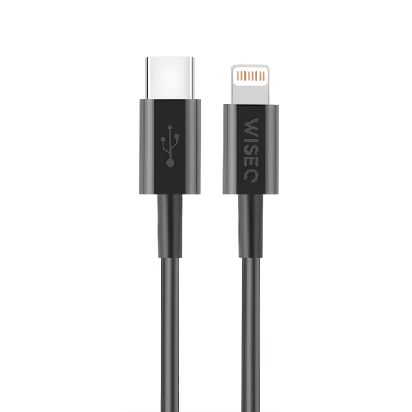 Zwarte USB C naar Lightning oplaadkabel geschikt voor iPhone met WiseQ logo close up