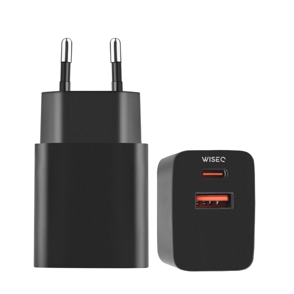 Zwarte WiseQ 33W USB en USB C adapter oplader met EU stekker en twee poorten