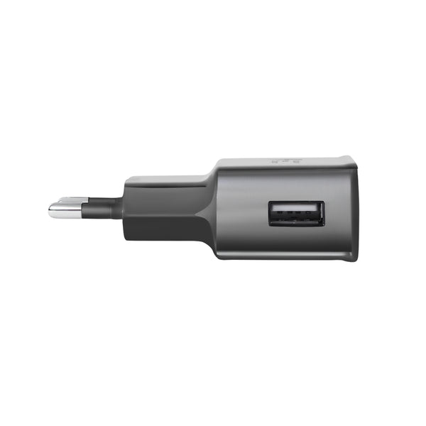 Zwarte USB oplader voor Samsung 18W Smart Fast Charger met zichtbare USB poort zijaanzicht