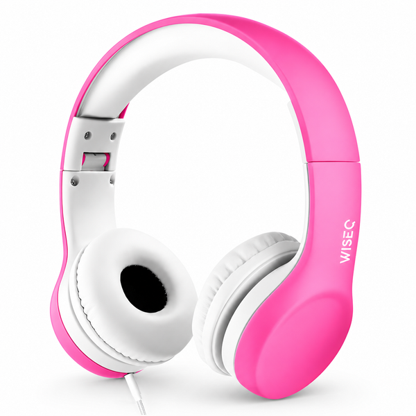 WiseQ Junior bedrade kinderkoptelefoon in roze, opvouwbaar en hufterproof met 85 dB volumebegrenzing, voor kinderen van 3 tot 9 jaar