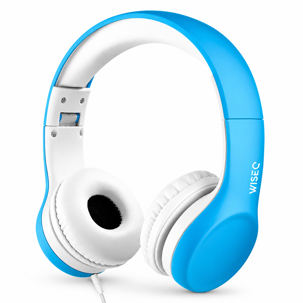 WiseQ Junior bedrade kinderkoptelefoon in blauw, opvouwbaar en hufterproof met 85 dB volumebegrenzing, voor kinderen van 3 tot 9 jaar