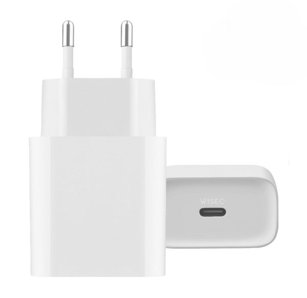 Witte WiseQ 25W USB C snellader geschikt voor iPhone en Samsung zijaanzicht