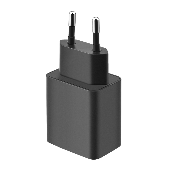 Zwarte WiseQ 25W USB en USB C snellader universeel staand weergegeven