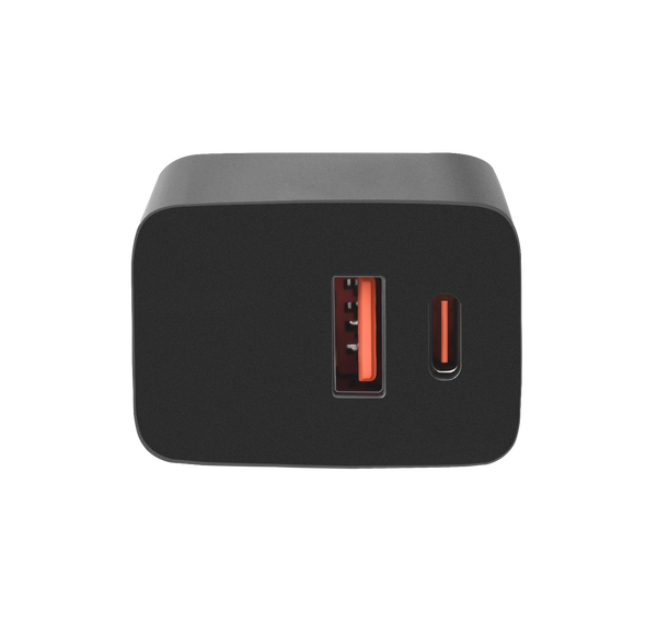 Zwarte WiseQ 25W USB en USB C snellader universeel vooraanzicht met dubbele poort