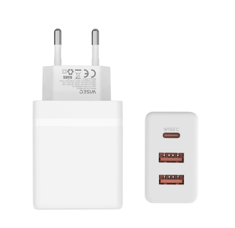 Witte WiseQ 38W GaN snellader met 3 oplaadpoorten geschikt voor iPhone Samsung en MacBook