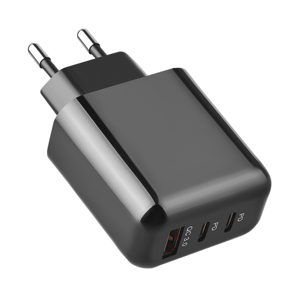 Zwarte WiseQ 45W GaN snellader met 3 poorten geschikt voor Samsung Galaxy schuin weergegeven