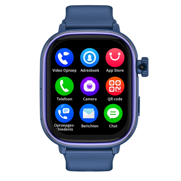 Blauw WiseQ GPS kinderhorloge met simkaart en touchscreen waarop apps zoals bellen, camera, chat en video oproep zichtbaar zijn