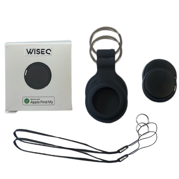WiseQ Zwarte Bluetooth tracker met sleutelhanger, siliconen hoes en keycord