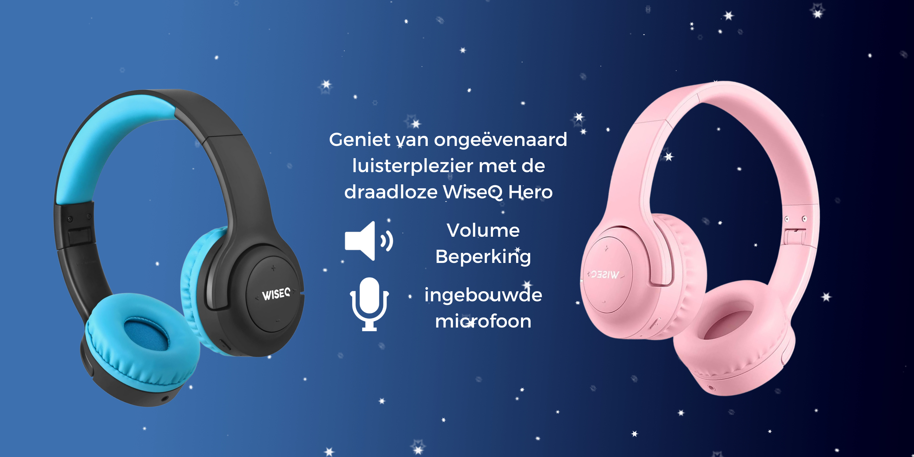 WiseQ Hero Draadloze Kinderkoptelefoon Met Bluetooth Volume Beperking En Ingebouwde Microfoon In Zwart Blauw En Roze