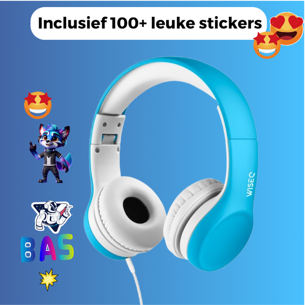 Blauwe WiseQ kinder koptelefoon met veilige volumelimiet en personaliseerbare stickers