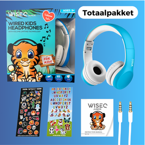 Blauwe WiseQ kinder koptelefoon met volume begrenzing inclusief 100+ stickers en 3.5mm kabel