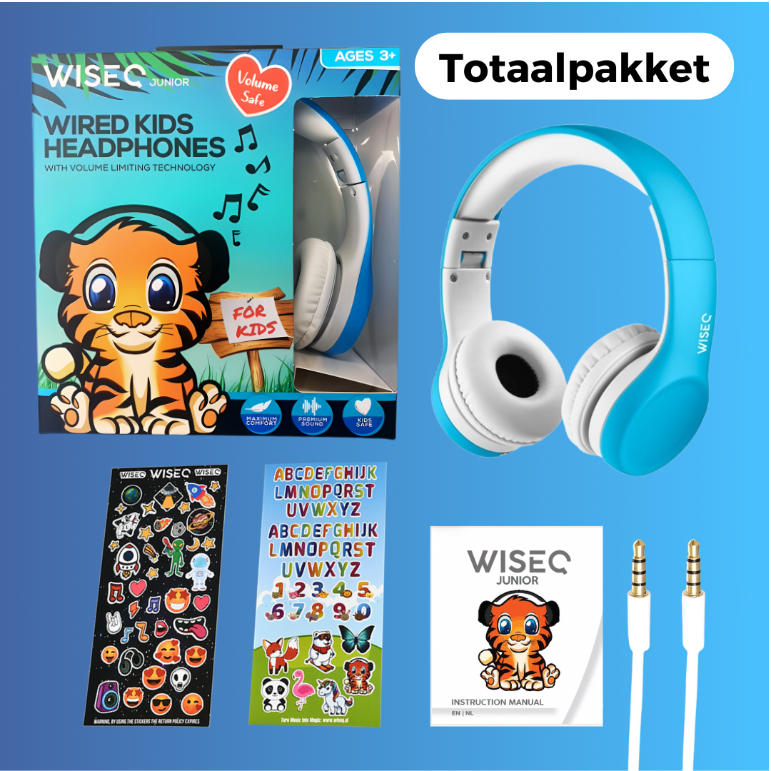 Blauwe WiseQ kinder koptelefoon met volume begrenzing inclusief 100+ stickers en 3.5mm kabel