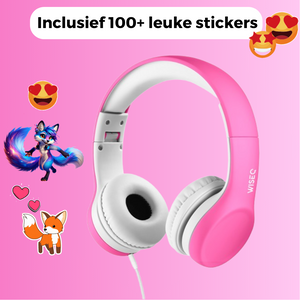 Roze WiseQ kinder koptelefoon met volume limiter en meer dan 100 leuke stickers