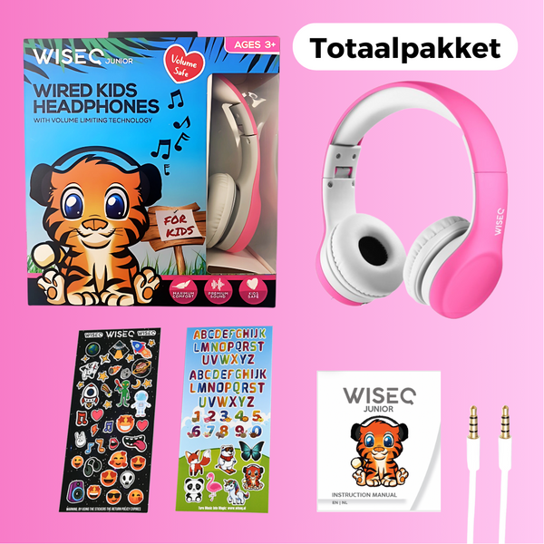 WiseQ Junior roze kinder koptelefoon set met volume begrenzing verpakking stickers en 3.5mm kabel