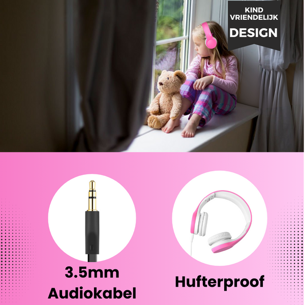 Roze WiseQ kinder koptelefoon met stevige 3.5 mm kabel en duurzaam kindproof ontwerp