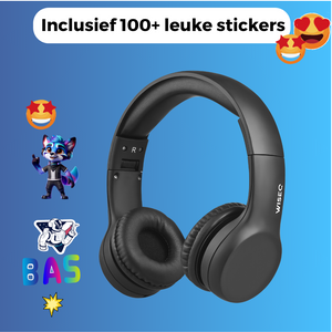 Zwarte WiseQ kinder koptelefoon met veilige volumelimiet en personaliseerbare stickers