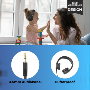 Zwarte WiseQ kinder koptelefoon met veilige volumelimiet stevig hufterproof ontwerp en universele 3.5mm aansluiting