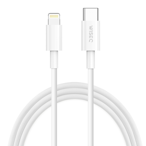 Witte WiseQ Lightning naar USB C oplaadkabel 1 meter geschikt voor Apple iPhone 14 13 12 11 en X close up van Lightning en USB C connector