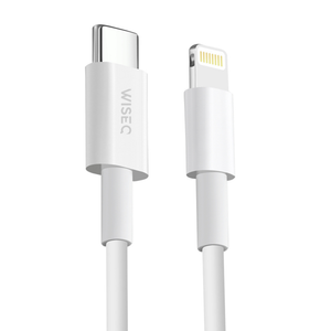 Witte WiseQ Lightning naar USB C oplaadkabel 1 meter geschikt voor Apple iPhone 14 13 12 11 en X detail van USB C en Lightning aansluiting