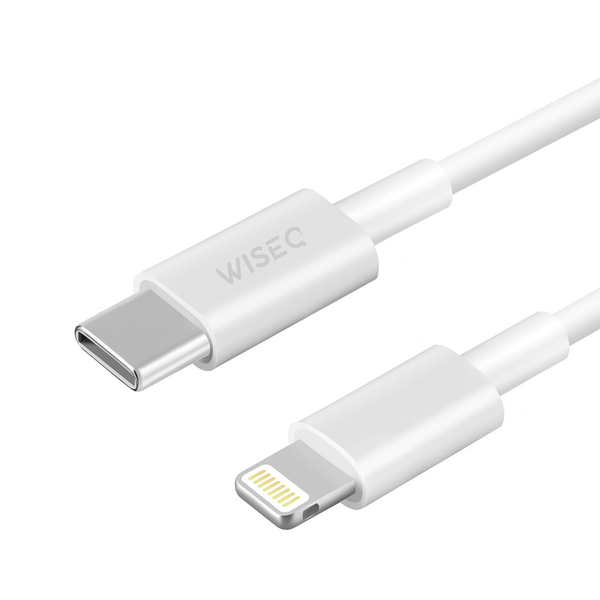 Witte WiseQ Lightning naar USB C oplaadkabel 1 meter geschikt voor Apple iPhone 14 13 12 11 en X schuin detail van Lightning en USB C connector