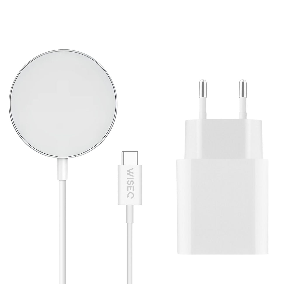 WiseQ magnetische Magsafe draadloze snellader geschikt voor iPhone met USB C kabel en EU stekker wit minimalistisch design