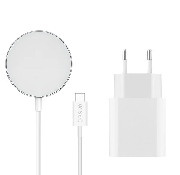 WiseQ magnetische Magsafe draadloze snellader geschikt voor iPhone met USB C kabel en EU stekker wit minimalistisch design