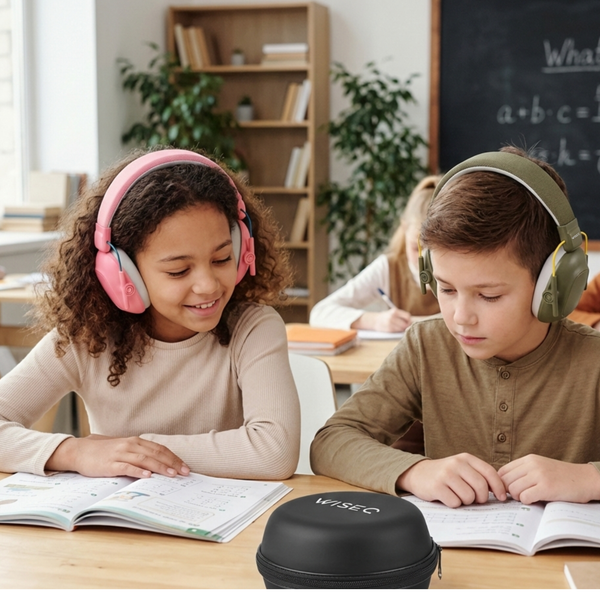 WiseQ oorkappen voor kinderen 28dB gehoorbescherming roze en groen twee kinderen studeren in klaslokaal met beschermkappen
