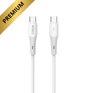 Witte WiseQ Premium USB C naar USB C kabel 60W geschikt voor iPhone 17 iPhone 16 en iPhone 15 recht vooraanzicht met premium label