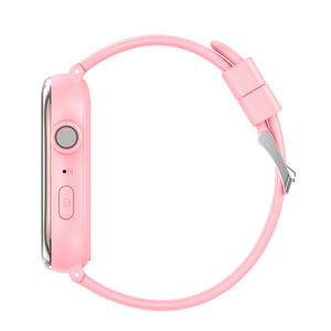 Zijkant en band van roze WiseQ GPS kinderhorloge met simkaart en SOS knop voor kinderen