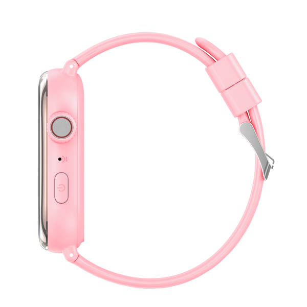 Zijkant en band van roze WiseQ GPS kinderhorloge met simkaart en SOS knop voor kinderen