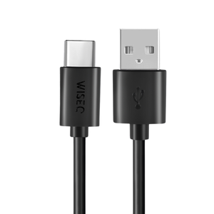 Zwarte WiseQ USB naar USB C kabel geschikt voor Samsung close up van USB en USB C connector recht vooraanzicht