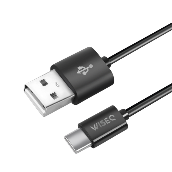 Zwarte WiseQ USB naar USB C kabel geschikt voor Samsung schuin detail van USB en USB C connector