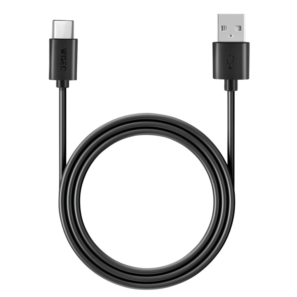 Zwarte WiseQ USB naar USB C kabel geschikt voor Samsung volledig opgerold overzicht