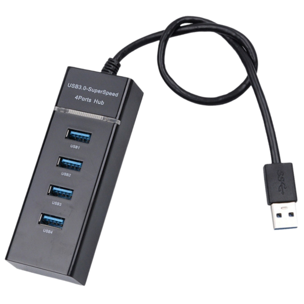 WiseQ USB 3.0 hub met 4 poorten in zwart met vaste USB kabel en superspeed ondersteuning