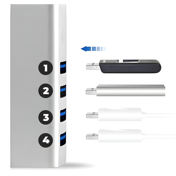 WiseQ USB hub splitter met 4 poorten en 5Gbps hoge snelheid in grijze uitvoering met aansluitingen overzicht