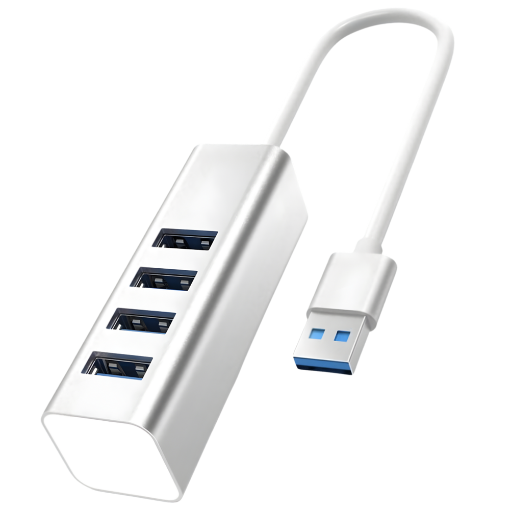 WiseQ USB hub splitter met 4 aansluitingen van aluminium in grijs met 5Gbps hoge snelheid en vaste USB kabel